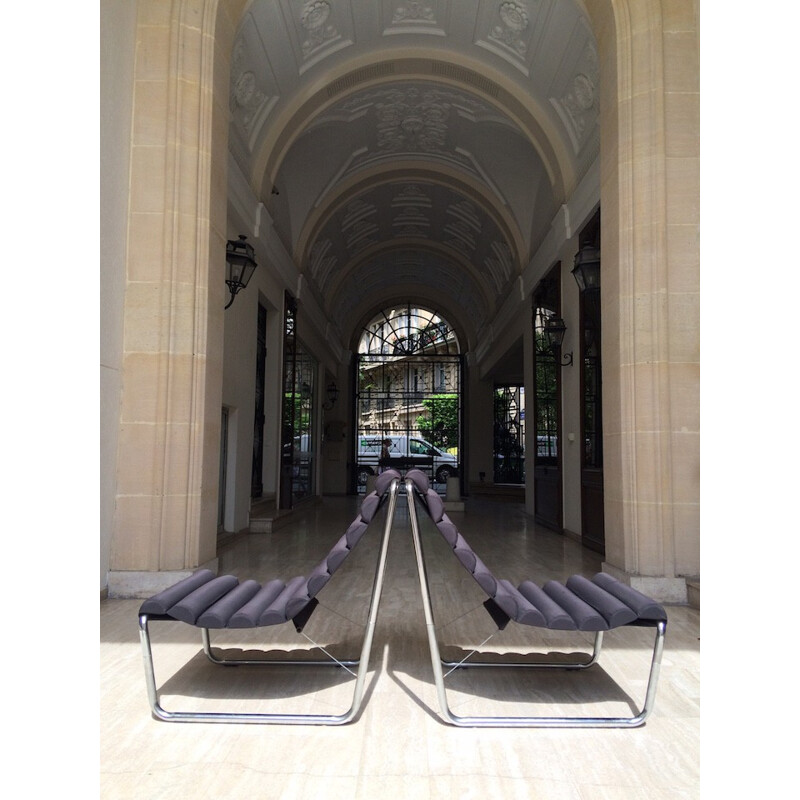 Pair of tubular steel and grey fabric easy chairs - 1970s