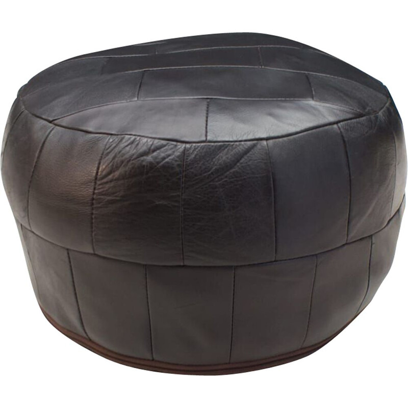 Black Leather Patchwork Pouf Vintage 1960s