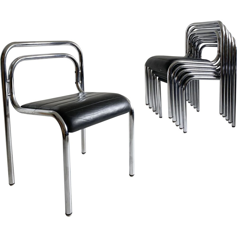 Set of 6 Dining Chairs Leather and Tubular Chrome T5 by Rodney Kinsman,1960