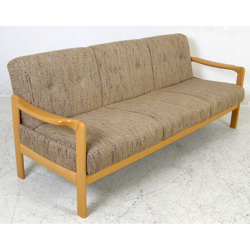 Scandinavian 3-seater beech and flecked fabric sofa - 1950s