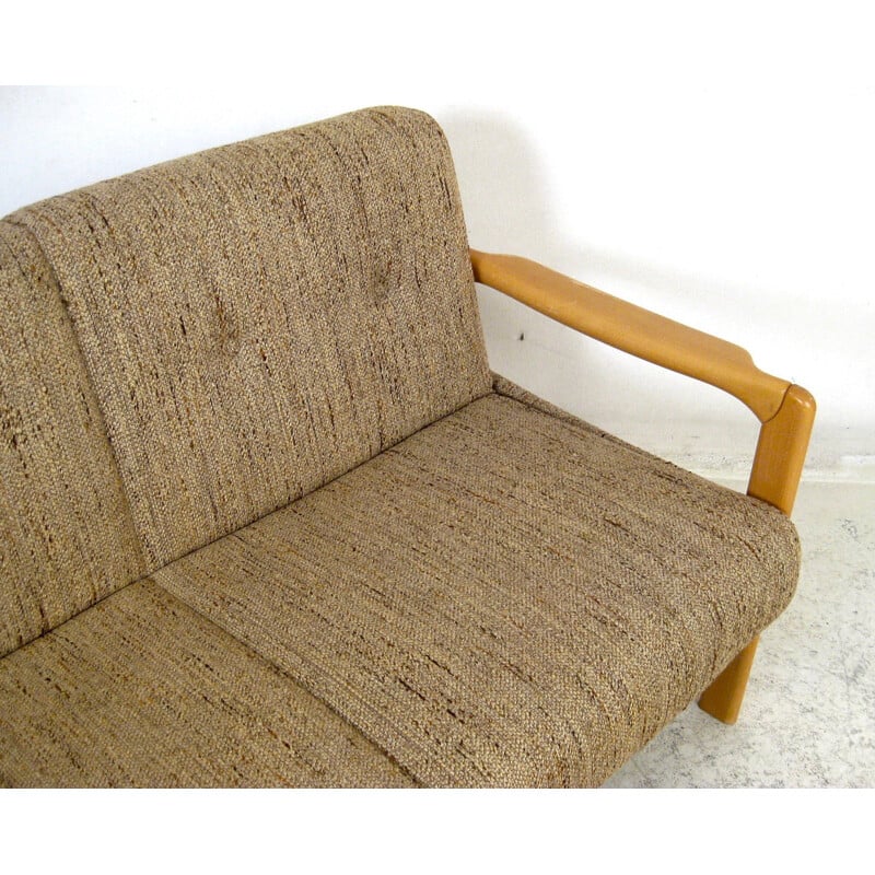 Scandinavian 3-seater beech and flecked fabric sofa - 1950s