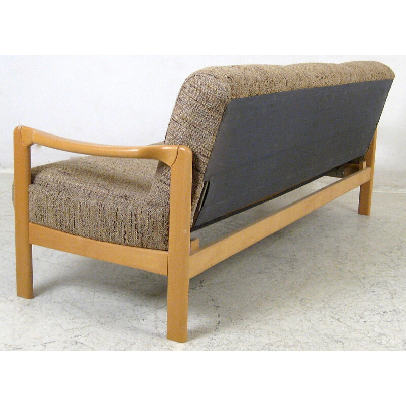 Scandinavian 3-seater beech and flecked fabric sofa - 1950s