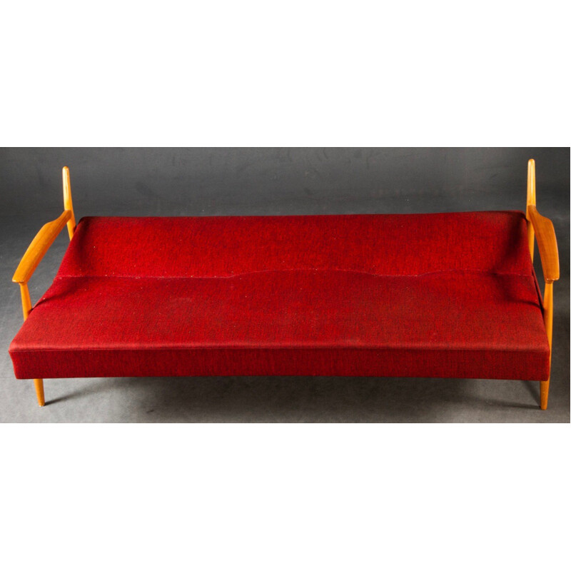 Teak and red fabric Scandinavian daybed - 1950s