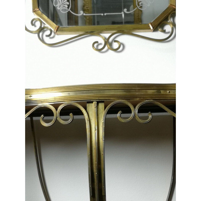 Brass console table vintage with chiseled wall mirror,  1970s 