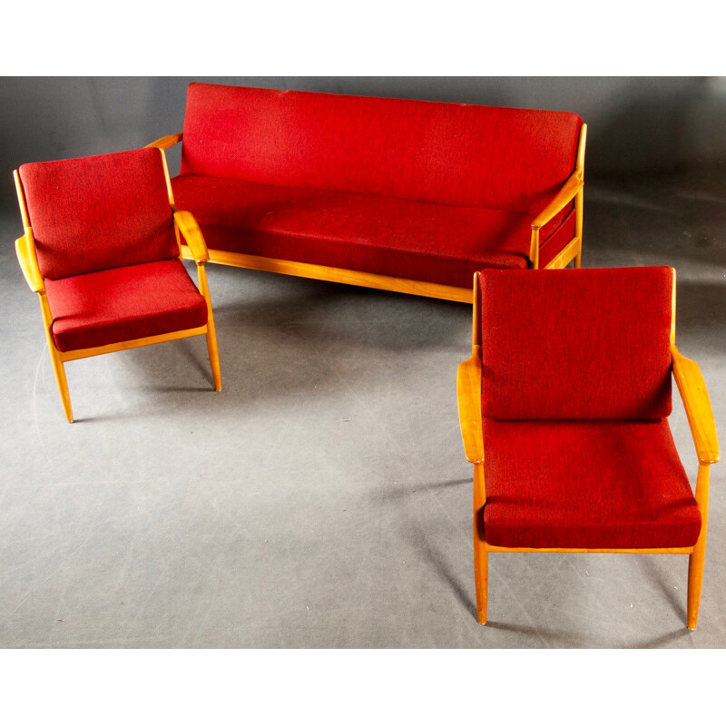 Canapé scandinave en teck clair et tissu rouge - 1950