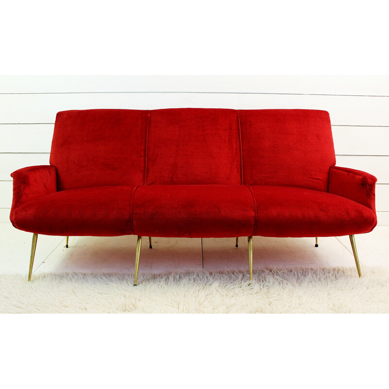 Italian vintage sofa in red velvet and brass - 1950s
