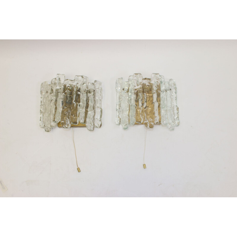 Pair of vintage J.T. wall sconces Kalmar Austria Ice Glass with 2 light points 