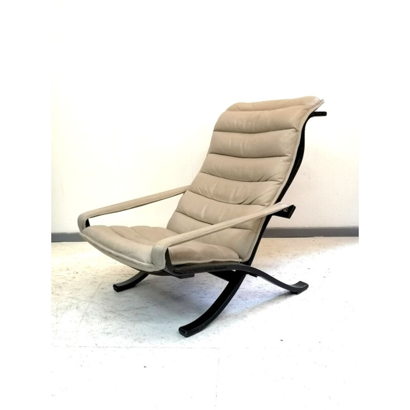 Fauteuil lounge vintage pliante en cuir avec ottoman d'Ingmar Relling,1970