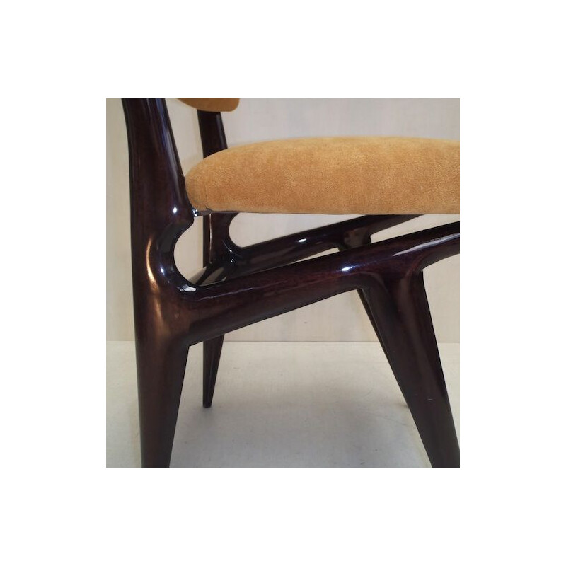 Set of 6 vintage solid mahogany and yellow fabric Italian chairs 1960