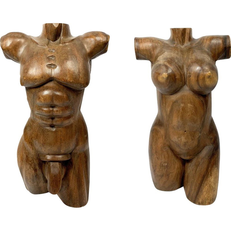 Sculptures vintage en bois dur  Adam et Eve, sculptées à la main, 1970