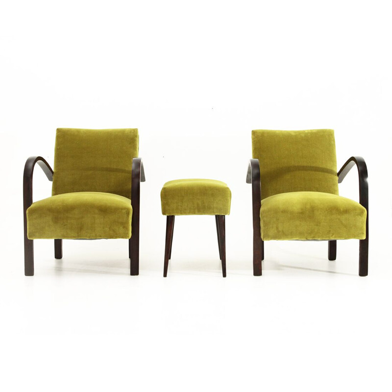 Pair of green velvet armchairs and pouf, Italian 1930s