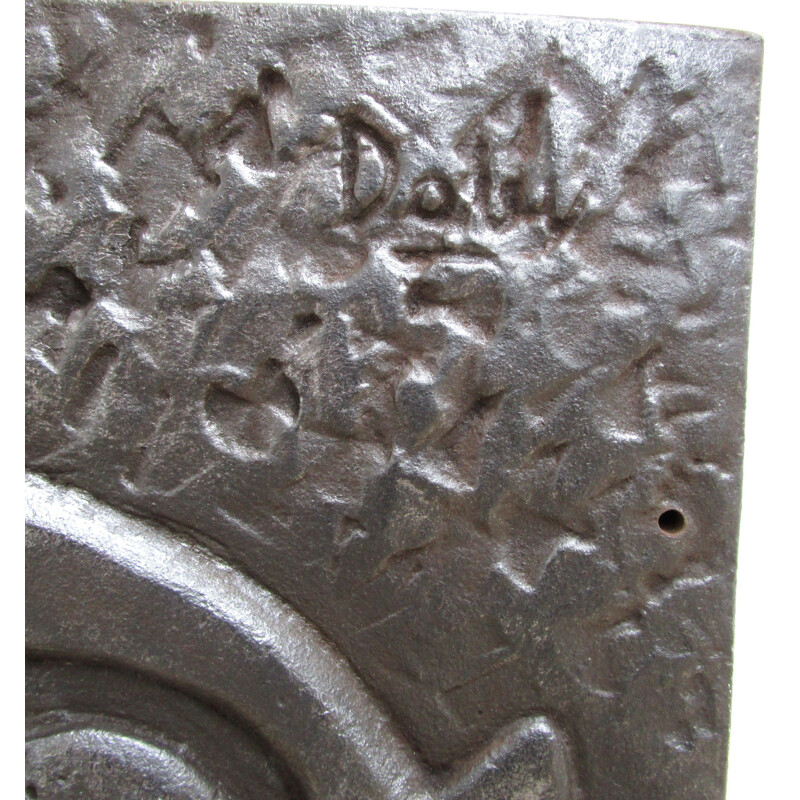 Vintage cast iron fireback with fable decoration 1970