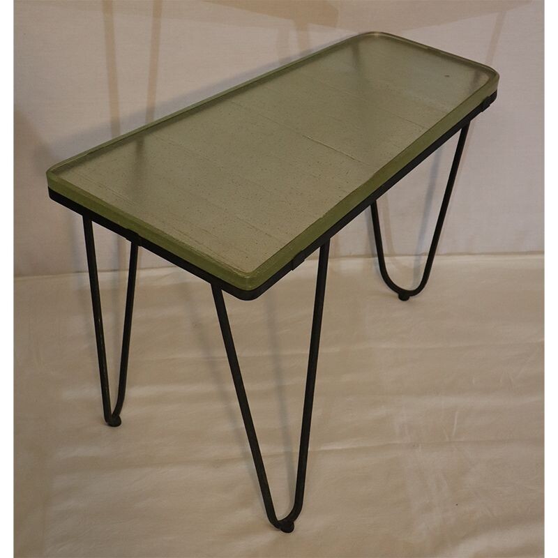 Table tripode vintage de forme libre en verre et métal 1950 