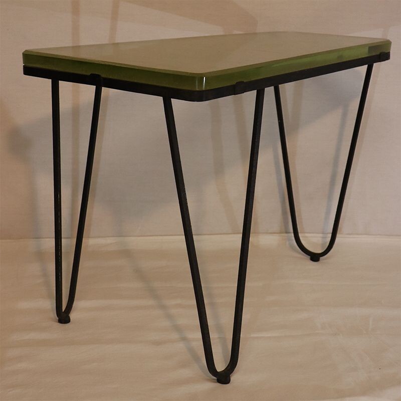 Table tripode vintage de forme libre en verre et métal 1950 