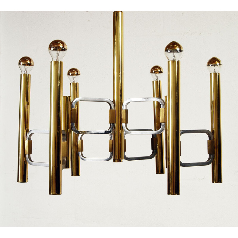 Vintage chandelier in polished brass and chrome by Gaetano Sciolari, Italy 1970