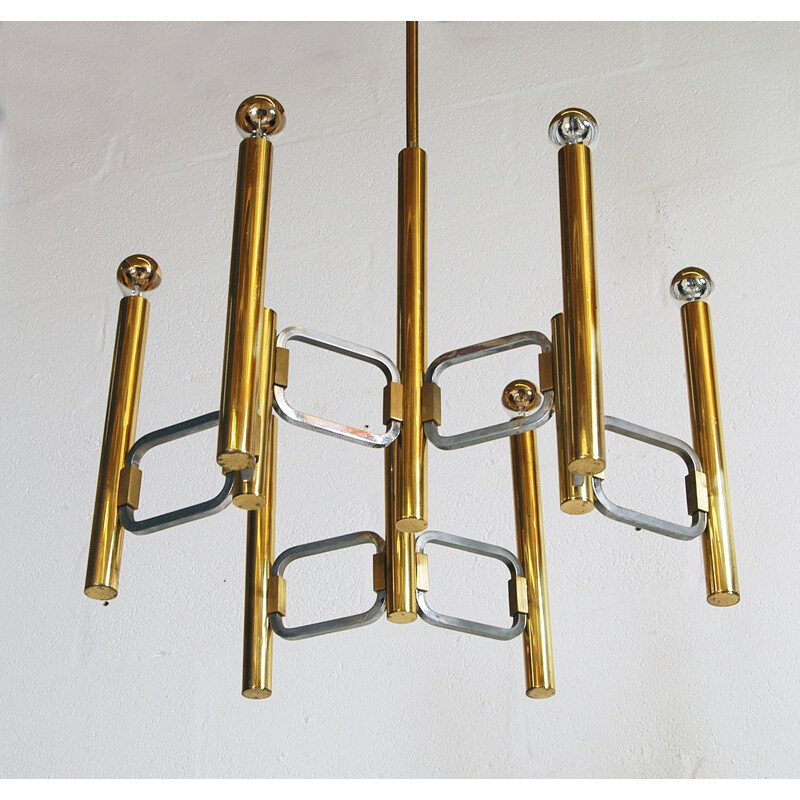 Vintage chandelier in polished brass and chrome by Gaetano Sciolari, Italy 1970