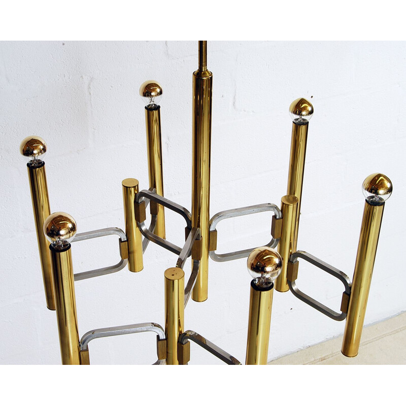 Vintage chandelier in polished brass and chrome by Gaetano Sciolari, Italy 1970