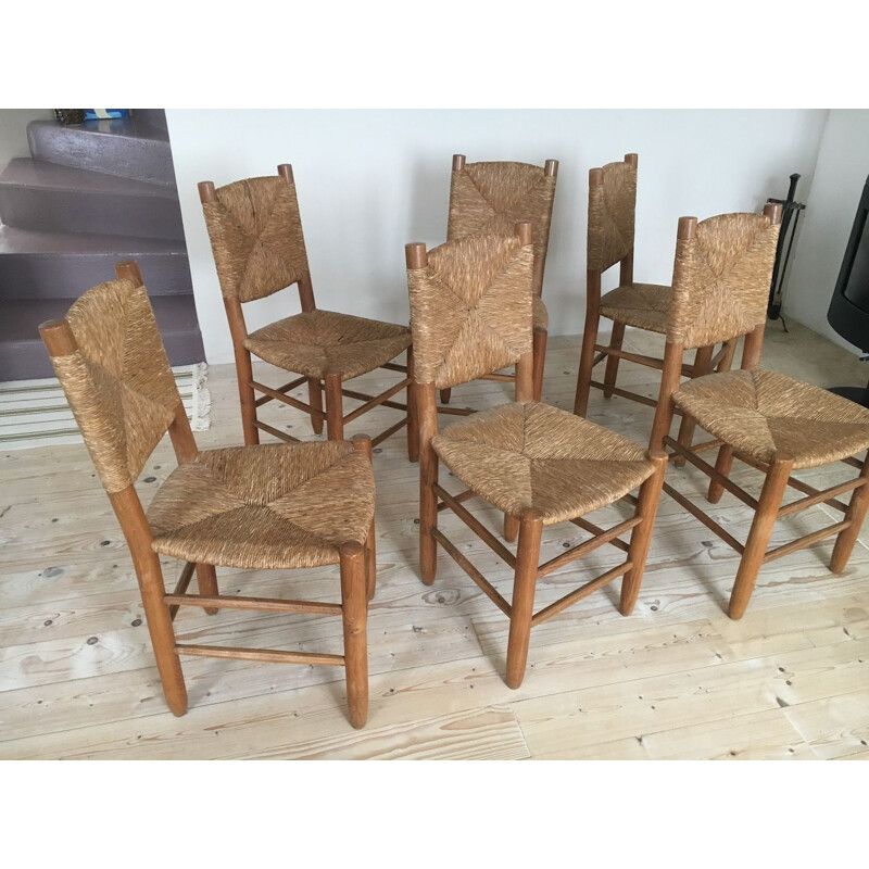 Ensemble de 6 chaises en frêne de Charlotte Perriand 1939