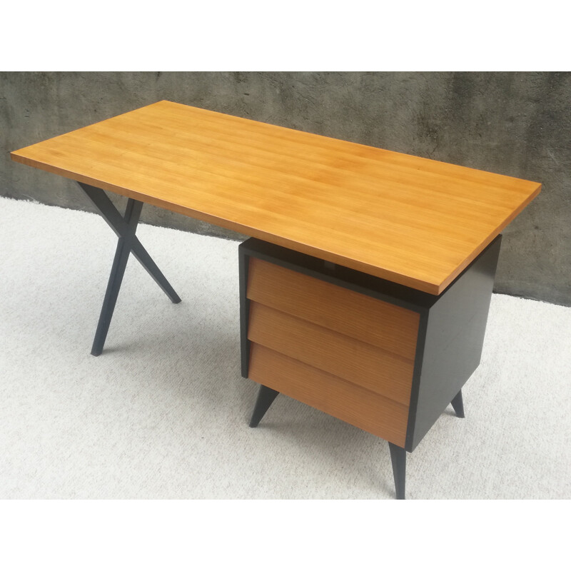 Desk black wood and honey color Vintage, 1950