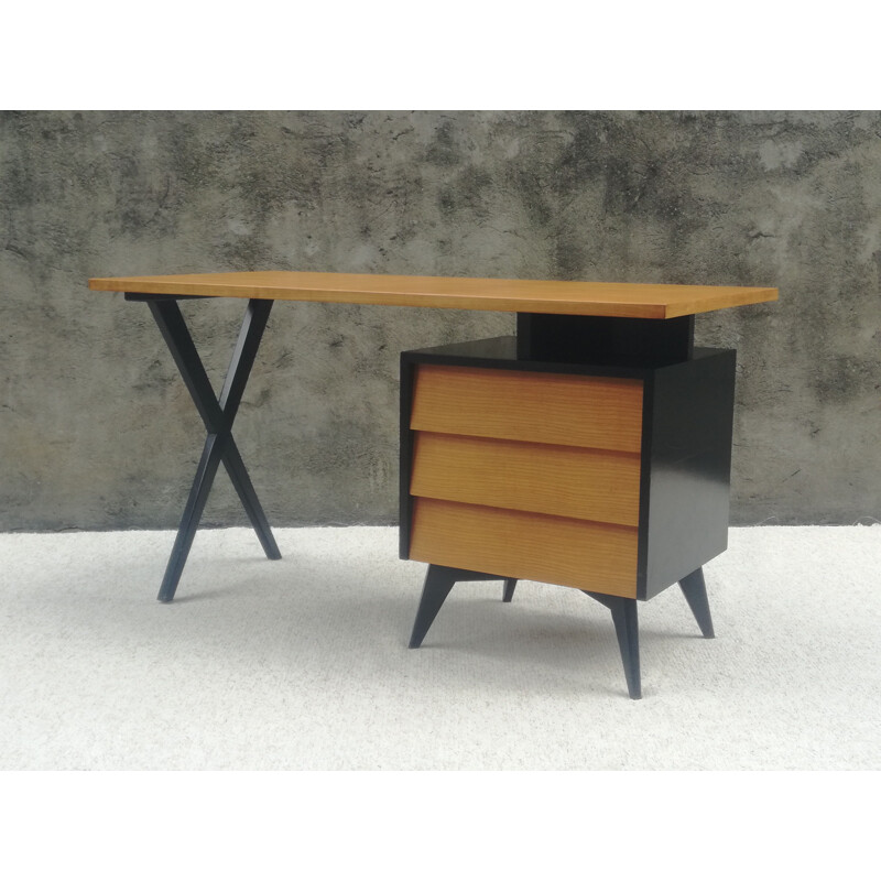 Desk black wood and honey color Vintage, 1950