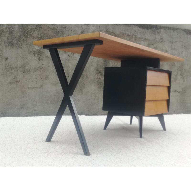 Desk black wood and honey color Vintage, 1950