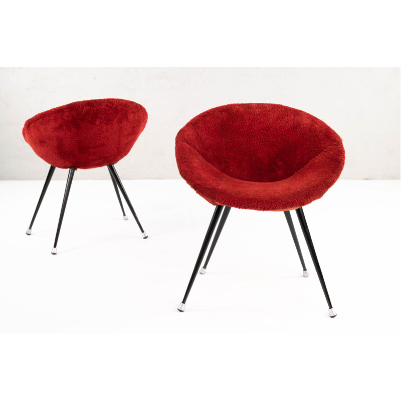 Pair of Mid Century Children's Shell Chairs in Iron and Red Plush, France 1950s