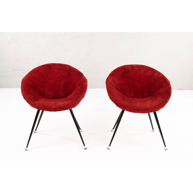 Pair of Mid Century Children's Shell Chairs in Iron and Red Plush, France 1950s