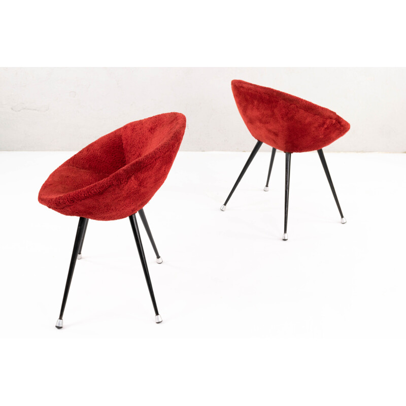 Pair of Mid Century Children's Shell Chairs in Iron and Red Plush, France 1950s