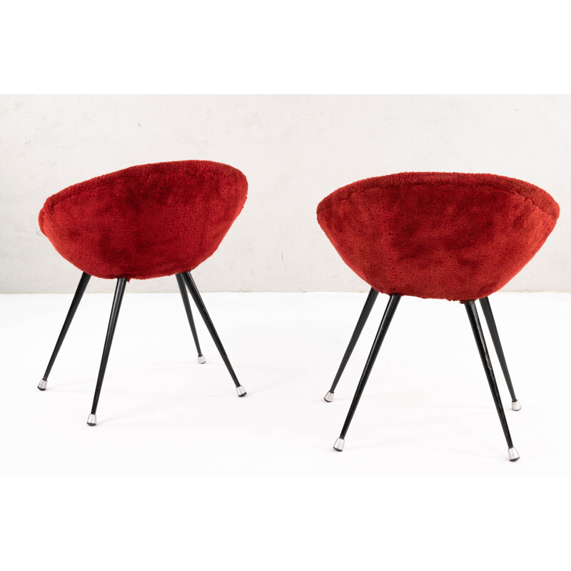 Pair of Mid Century Children's Shell Chairs in Iron and Red Plush, France 1950s