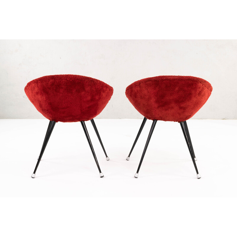 Pair of Mid Century Children's Shell Chairs in Iron and Red Plush, France 1950s