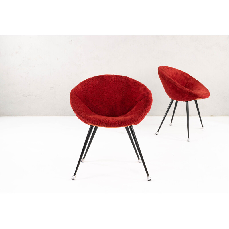 Pair of Mid Century Children's Shell Chairs in Iron and Red Plush, France 1950s