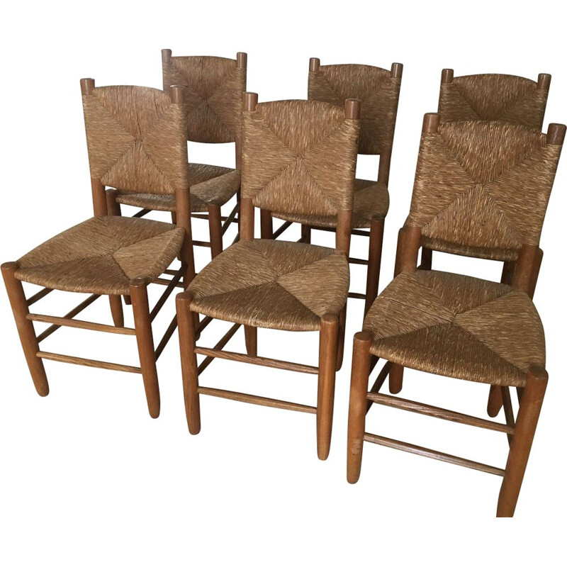 Ensemble de 6 chaises en frêne de Charlotte Perriand 1939