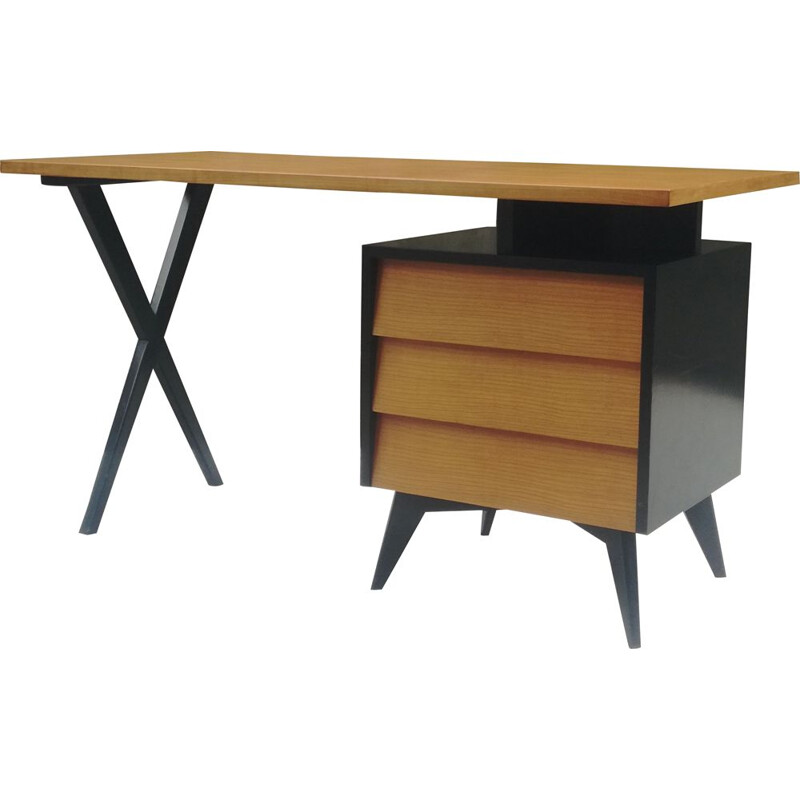 Desk black wood and honey color Vintage, 1950