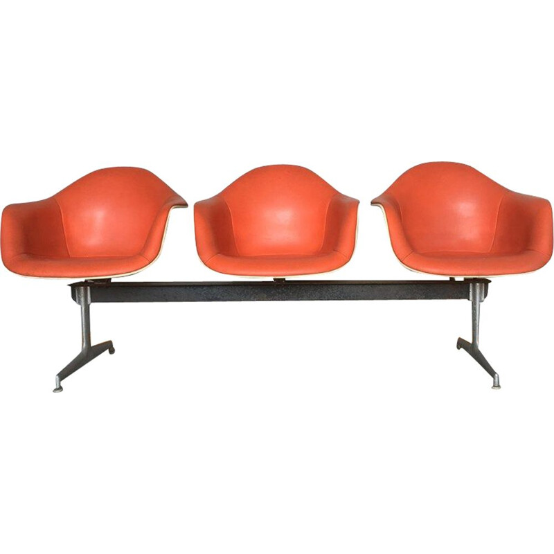 Herman Miller bench in fiberglass and imitation leather, Vintage Charles and Ray EAMES - 1960