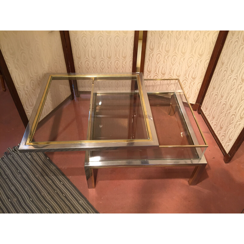 Vintage coffee table by Romeo Rega in chromed steel and gilded brass