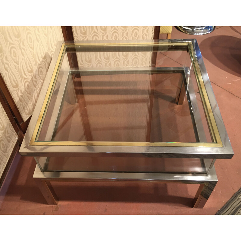 Vintage coffee table by Romeo Rega in chromed steel and gilded brass