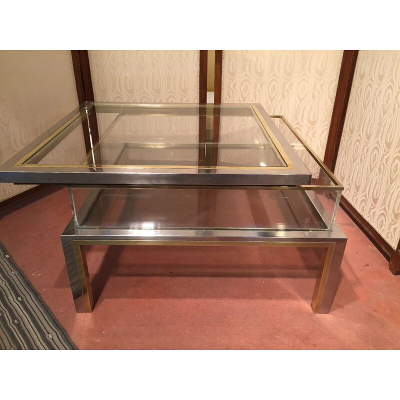 Vintage coffee table by Romeo Rega in chromed steel and gilded brass