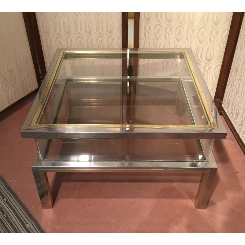 Vintage coffee table by Romeo Rega in chromed steel and gilded brass