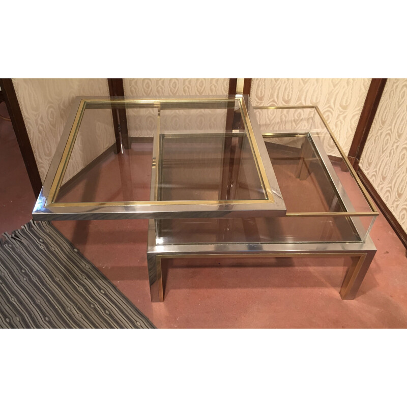 Vintage coffee table by Romeo Rega in chromed steel and gilded brass