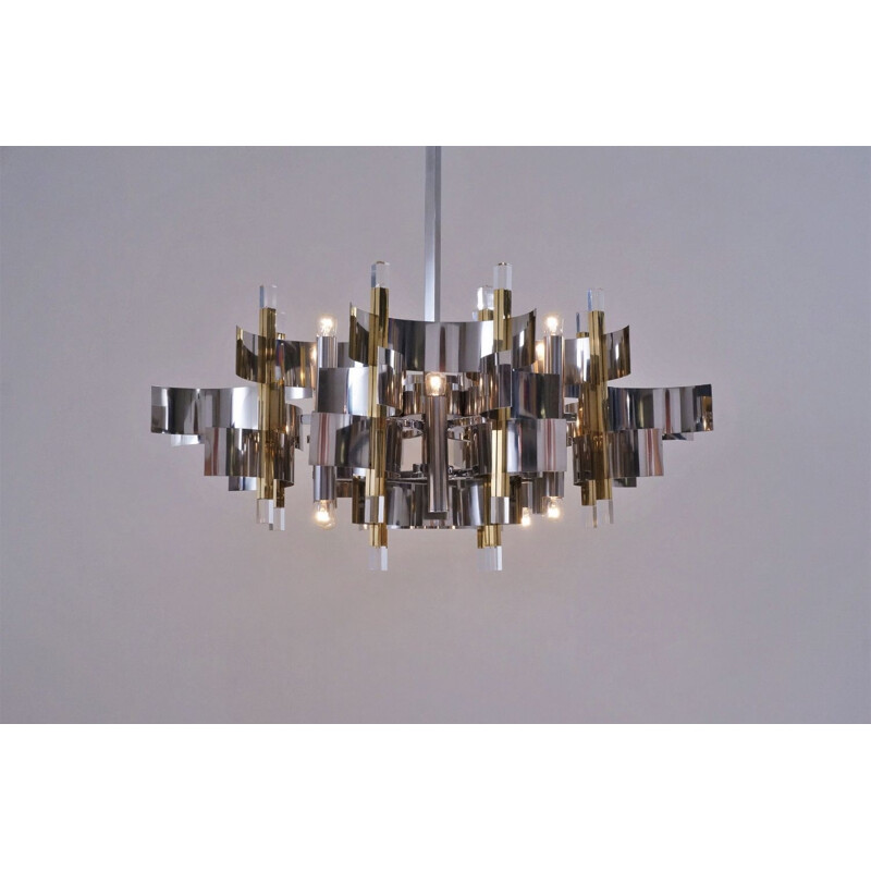 Sciolari chandelier ’Futura’12 lights, brass, chrome & Lucite, 1970’s Italian