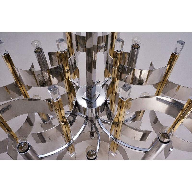 Sciolari chandelier ’Futura’12 lights, brass, chrome & Lucite, 1970’s Italian