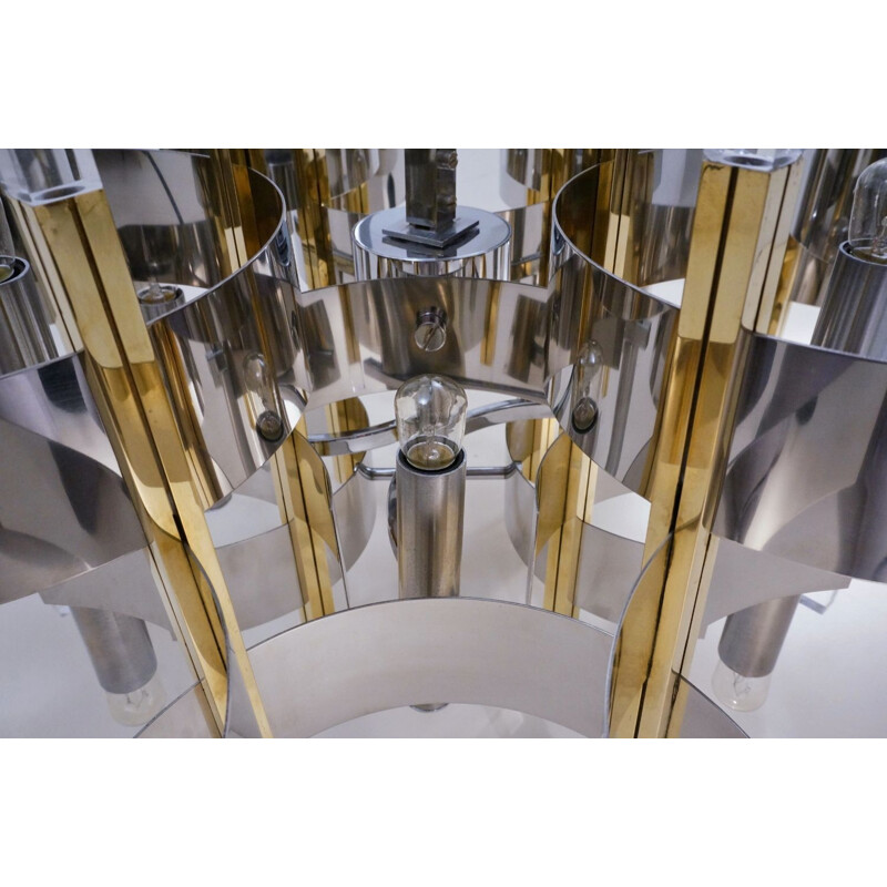 Sciolari chandelier ’Futura’12 lights, brass, chrome & Lucite, 1970’s Italian