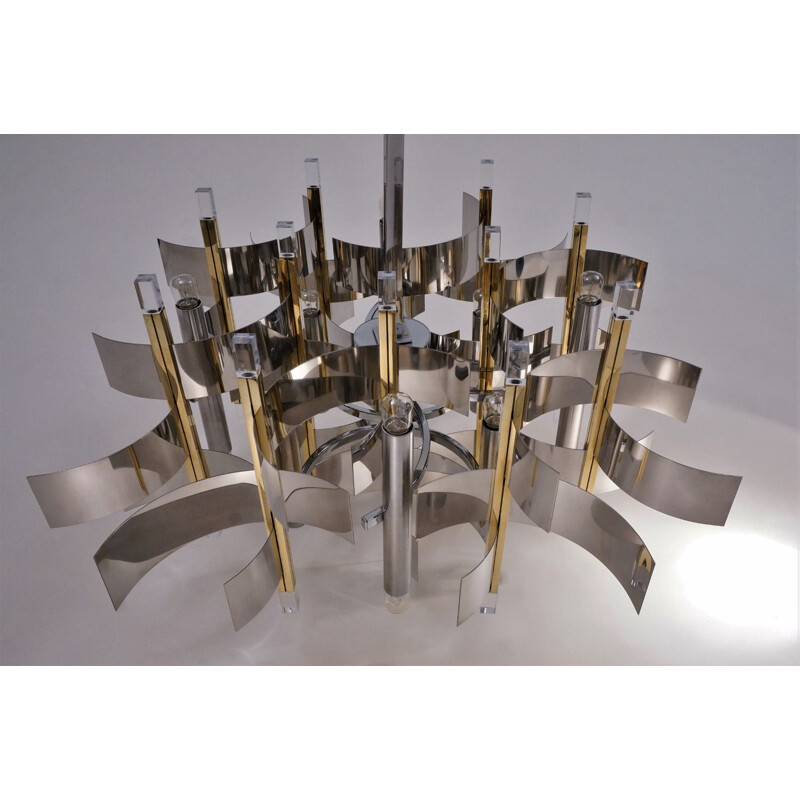 Sciolari chandelier ’Futura’12 lights, brass, chrome & Lucite, 1970’s Italian