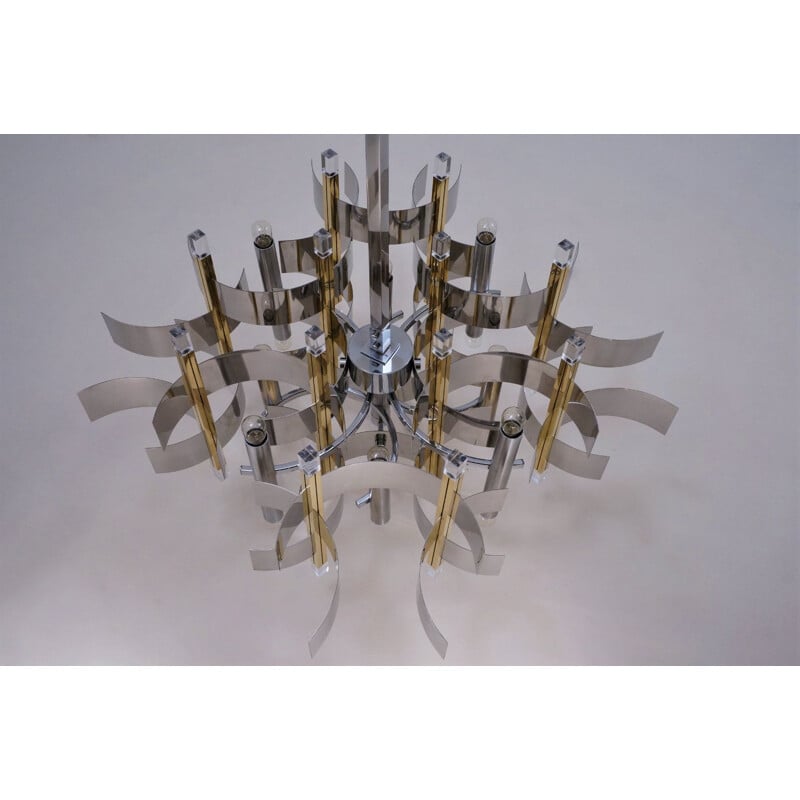 Sciolari chandelier ’Futura’12 lights, brass, chrome & Lucite, 1970’s Italian