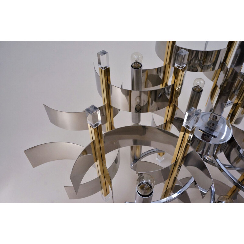 Sciolari chandelier ’Futura’12 lights, brass, chrome & Lucite, 1970’s Italian