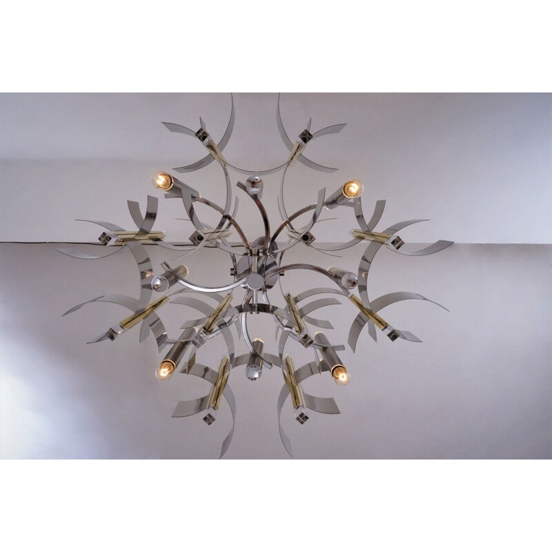 Sciolari chandelier ’Futura’12 lights, brass, chrome & Lucite, 1970’s Italian