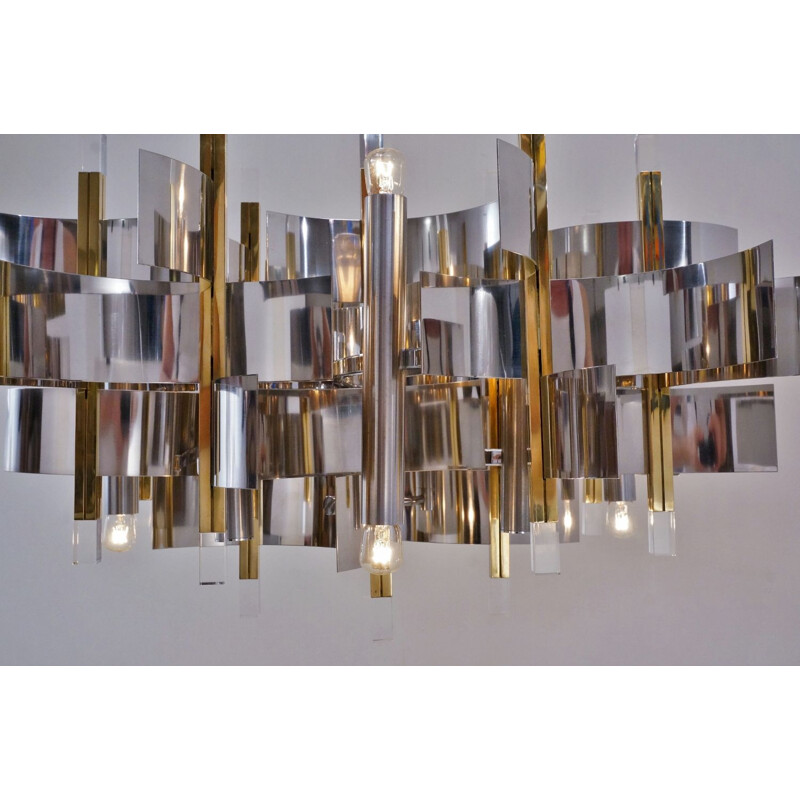 Sciolari chandelier ’Futura’12 lights, brass, chrome & Lucite, 1970’s Italian