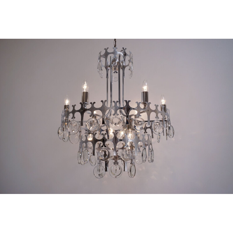 Sciolari chandelier ’Ovali’ 12 lights, silver with optical crystals, 1970’s ca, Italian