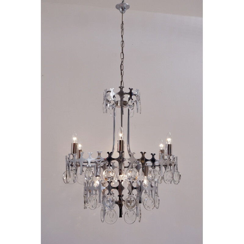 Sciolari chandelier ’Ovali’ 12 lights, silver with optical crystals, 1970’s ca, Italian