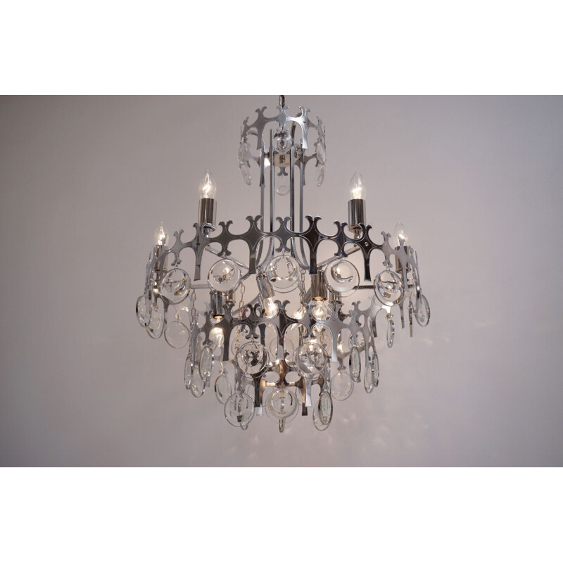 Sciolari chandelier ’Ovali’ 12 lights, silver with optical crystals, 1970’s ca, Italian